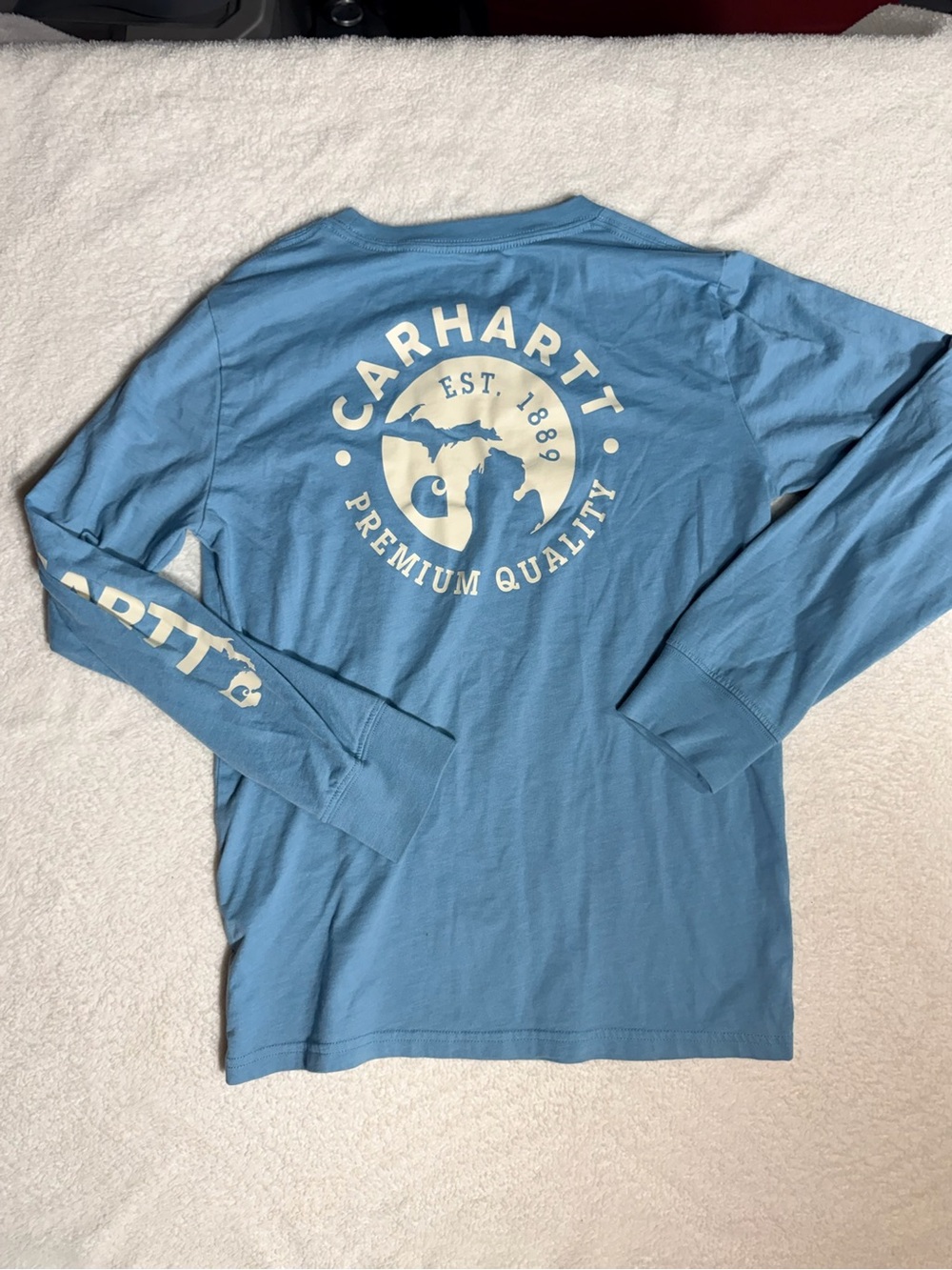 Carhartt Michigan Heritage Long Sleeve Pocket T-Shirt Light Blue Boys Medium - Picture 3 of 6